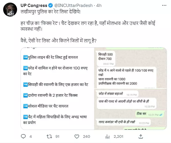 डयूटी के एवज मे पैसे की मांग करने वाला यूपी पुलिस का चैट वायरल, कांग्रेस ने योगी सरकार पर साधा निशाना