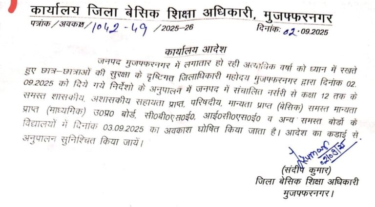 मुजफ्फरनगर में भारी बारिश: 3 सितंबर को कक्षा 1 से 12 तक सभी स्कूल बंद