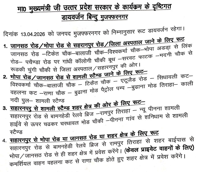 13 अप्रैल 2026 के लिए मुजफ्फरनगर रूट डायवर्जन