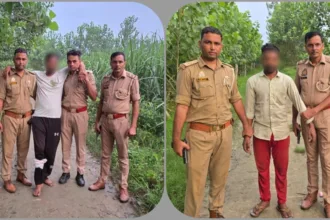 बड़गांव पुलिस के साथ गिरफ्तार आरोपी और बरामद हथियार